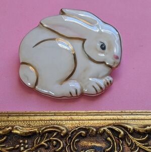White Rabbit White gold trim polished ceramic bunny brooch pin silver tone